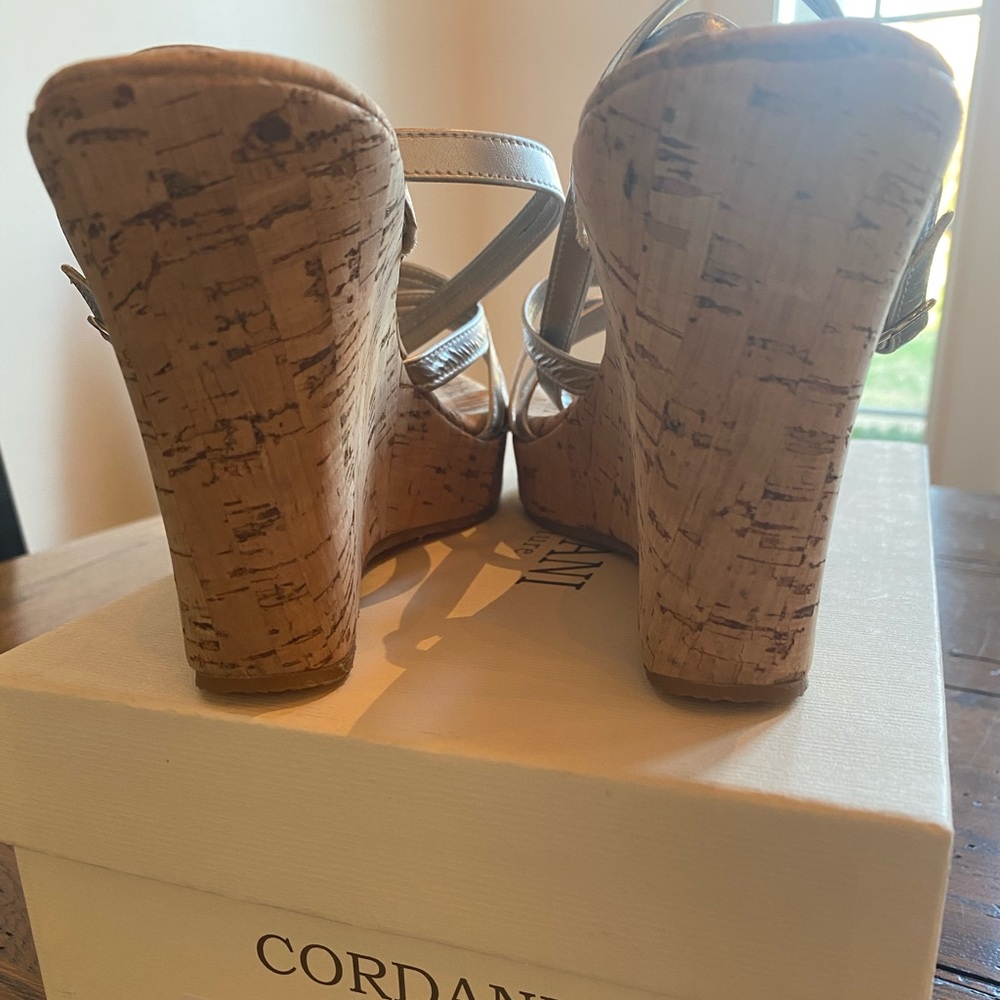 Cordani Pellame Silver strappy cork platform wedge sandal size 39